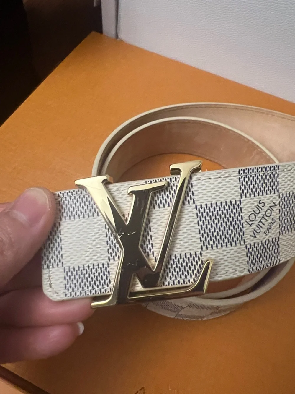 Louis Vuitton Damier Azur LV Initiales Canvas Belt with Gold LV Buckle